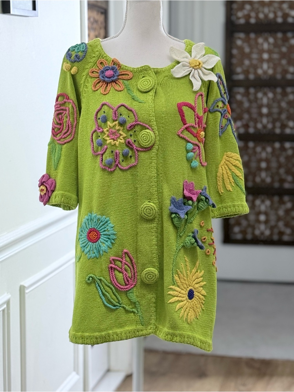 Vintage Cervelle 3D Floral Embroidered Beaded Novelty Cardigan Lime Green M - Picture 2 of 15